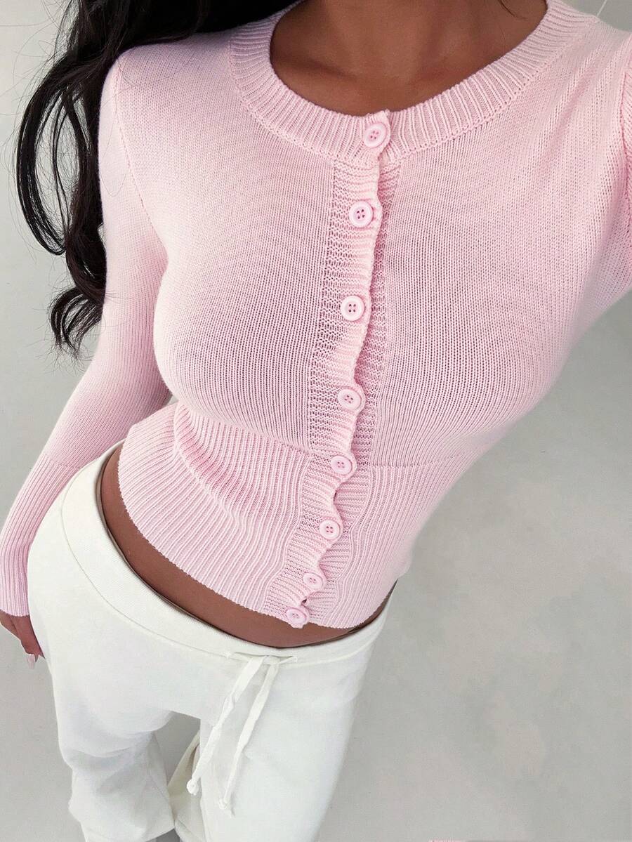 Autumina Women's Solid Color Casual Fitted Knit Cardigan, Versatile For Autumn - Baby Pink - View 1