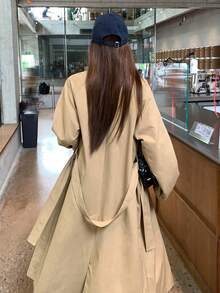 DAZY Women's Solid Color Lapel Collar Spring/Autumn Trench Coat Cute Tops Office Khaki Green French Classic - Khaki - View 2