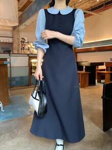 DAZY Women's Peter Pan Collar Contrast Color Patchwork 2 In 1 Korean Style Casual Mid-Length Dress Fall Vacation - Blue - View 6