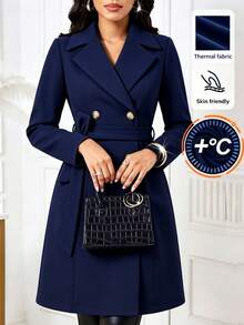 SHEIN Lady 女款卡其色羊毛雙排扣翻領繫帶長版風衣，優雅中長版保暖外套，適合職場辦公，秋冬穿著 - 藏蓝色 - 查看 3