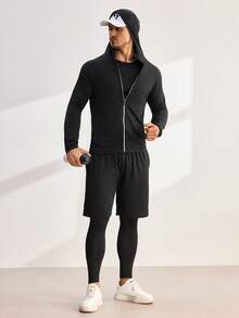 Driftmere 5pcs/Set Men's Fitness Sportswear Set, Spring Workout Running Basketball Tight Fitting Activewear Black - Black - View 3