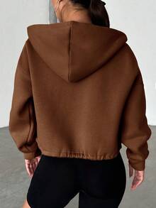 WovenCharm Drop Shoulder Drawstring Hem Zip Up Hoodie - Coffee Brown - View 3