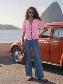 CAJUNI Vacation Casual Solid Color Hollow Embroidery Tie-Front Shirt - Pink - View 3