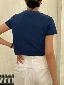 Dazy-Less Solid Crew Neck Crop Tee Summer Preppy Tops Business Casual Woman Work Clothes - Navy Blue - View 6