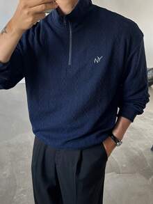 DAZY Navy Blue Textured Knit Fabric Letter Embroidered Stand Collar Half-Zip Pullover Sweatshirt For Men Fall - Navy Blue - View 6