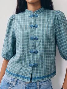 Nöista Plaid Blouse Chinese Buttons - Blue - View 5