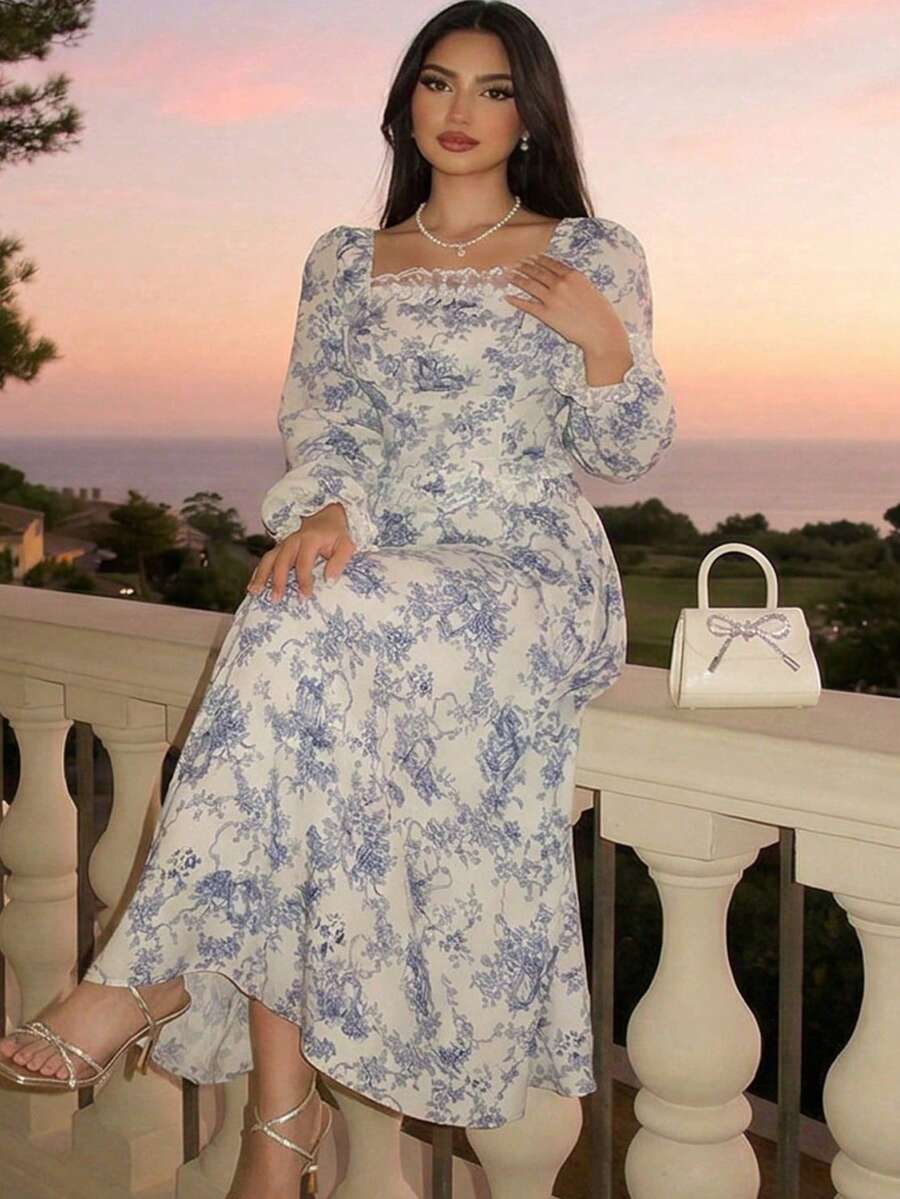 Feyla 大尺碼女款蕾絲拼接花卉印花優雅收腰派對洋裝 - 彩色 - 查看 1