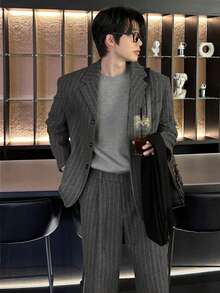 DAZY Dark Gray Base With White Stripes Commuter Top With Back Slit Design Men's Suit Set - Grey - View 4