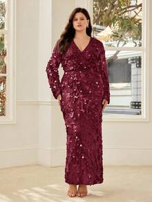 MOTF PREMIUM PLUS SIZE SEQUINS V-NECK LONG FITTED DRESS SPRING/SUMMER FALL - Burgundy - View 4