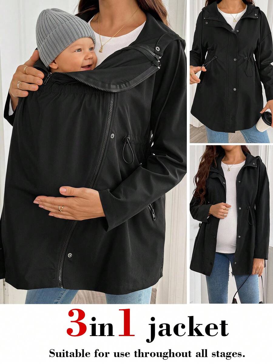 SHEIN Maternity Solid Color Zip-Up Hooded 3-In-1 Jacket Autumn /Winter Casual Office Family Vacation Beach Black