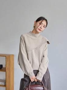 Dazy-Less 女款秋冬休閒純色不對稱立領針織毛衣 - 駝色 - 查看 4