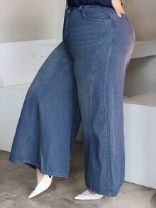 CHERRY TINTT SELECTION Plus Size Casual Everyday Washed Slant Pocket Loose Wide Leg Jeans Fall - Dark Wash - View 5