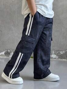 SHEIN Kids 1pc Tween Boy Casual Sports Daily Comfortable Street Style Versatile Print With Webbing Straight Leg Pants Suitable Gatherings Autumn/Winter - Multicolor - View 1