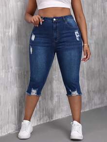 Slaydiva Plus Size Women's Ripped Versatile Stretch Skinny Capri Jeans Formal Beach Blue Summer Casual Traditional - Navy Blue - View 1