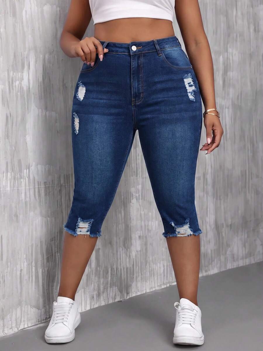 Slaydiva Plus Size Women's Ripped Versatile Stretch Skinny Capri Jeans Formal Beach Blue Summer Casual Traditional - Navy Blue - View 1