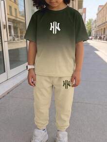 Tween Boy Casual Comfortable Fashion Minimalist Crew Neck Short Sleeve T-Shirt And Long Pants Set, Classic Cool Gradient Color Pattern Print, Cool Sports Logo Graphic Print, Suitable For Spring/Summer, Back To School Season - White - View 2