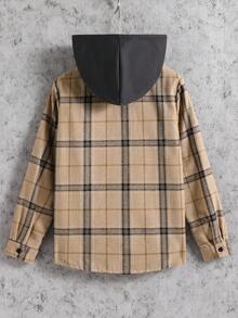 Vacaura 1pc Boys' Plaid Hooded Jacket, Autumn/Winter Casual Daily Commute Outfit - Khaki - View 2