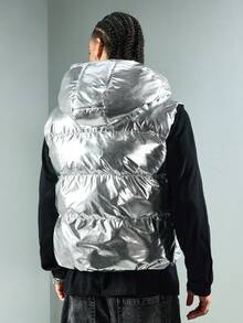 ROMWE MEN Street Life Men's Winter Stand Collar Zip-Up Vest Jacket - Silver - View 3