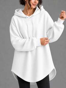 INAWLY Women's Solid Color Drop Shoulder Long Sleeve Loose Drawstring Sweatshirt - White - View 3