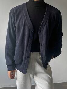DAZY Spring/Autumn Navy Blue Tweed Fabric V-Neck Open Front Long Sleeve Commuter Men's Jacket And Coat - Navy Blue - View 7