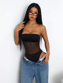 SHEIN PETITE Bodysuit Wanita Warna Polos dengan Sambungan Jala, Seksi Tanpa Lengan, Pas Badan, untuk Wanita Bertubuh Mungil - Hitam - View 3