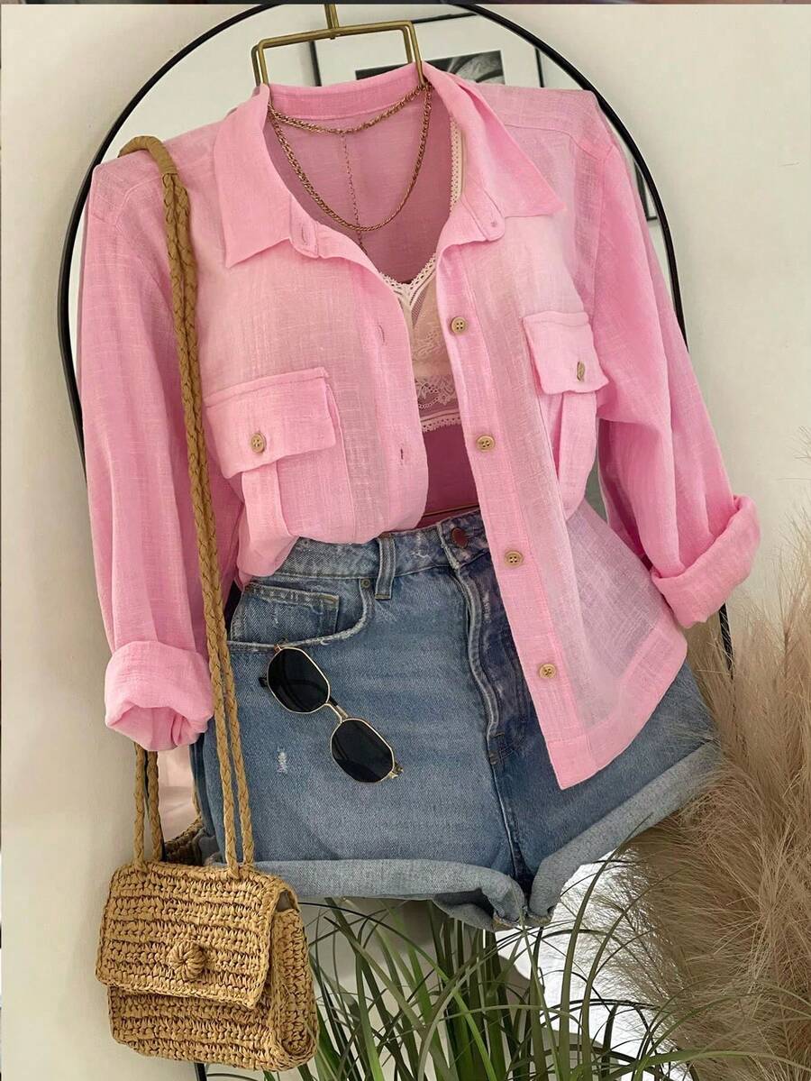 INAWLY Plus Size Women's Versatile Casual Traditional Single-Breasted Long Sleeve Pocket Top For Daily Wear Formal Vacation Pink Autumn - Pink - View 1