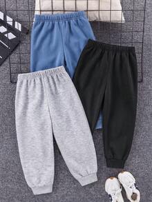 SHEIN 3件組兒童青少年男童買2送1休閒日常舒適刺繡內刷毛加厚寬鬆長褲運動褲冬季童裝，秋季衣物，黑色、卡其色，運動套裝，適合學校、花園、海灘、生日，秋季、冬季季節 - 彩色 - 查看 2