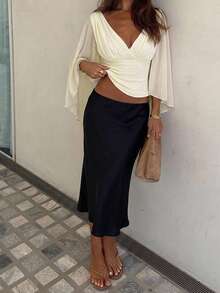 Siren Gaze Summer Women Deep V-Neck Pleated Casual  Daily Wear Ruffle Peplum Blouse Western Vintage Elegant Casual Formal Going Out Wedding Graduation Beach - Beige - View 4