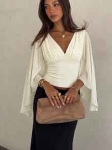 Siren Gaze Summer Women Deep V-Neck Pleated Casual  Daily Wear Ruffle Peplum Blouse Western Vintage Elegant Casual Formal Going Out Wedding Graduation Beach - Beige - View 2