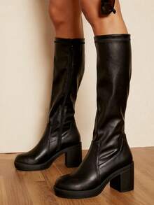 SHUZIA Women Shoes Knee High Inner Zipper Round Toe Platform Block Stack Heel Knee High Boot Stretch Material Black Boot Summer Shoes Spring Shoes Spring Break Easter Valentine's Day - Black - View 4