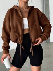 WovenCharm Drop Shoulder Drawstring Hem Zip Up Hoodie - Coffee Brown - View 2