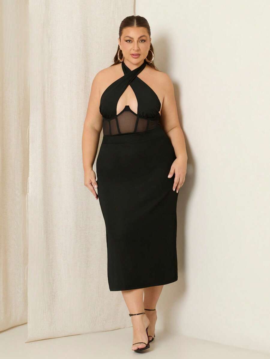Lele Munniz Plus Size Women's High Elastic Black Skirt,Autumn Smart Casual Everyday Fashion High Slit Basic Versatile Minimalist Old Money Style Summer