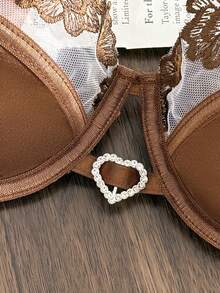Divavoom Women's Sexy Hollow Lace Striped Satin Non-See-Through Underwire -Back Panty Lingerie Set 2pcs - Coffee Brown - View 3