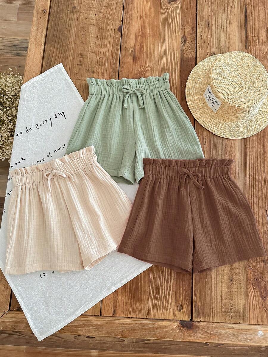 SHEIN LMoss Kids LMoss 年轻女孩 3 件套休闲夏季套装:编织柔软双层纱布荷叶边短裤,松紧腰身,纯色,百搭飘逸 - 綠色 - 查看 1