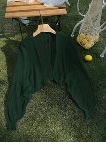SHEIN Privé Plus Size Women Solid Color Long Sleeve Hollow Out Short Knit Cardigan Fall - Green - View 7