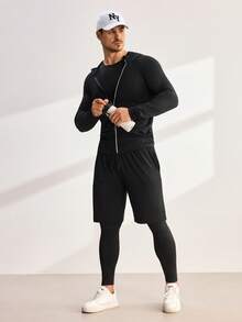Driftmere 5pcs/Set Men's Fitness Sportswear Set, Spring Workout Running Basketball Tight Fitting Activewear Black - Black - View 8