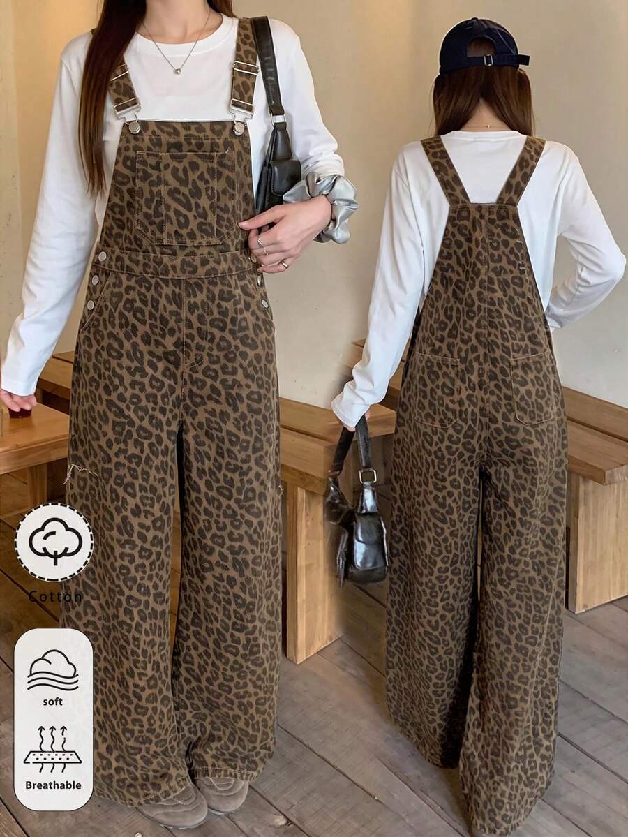 SHEIN 青少年女孩豹紋牛仔寬鬆吊帶褲 - 彩色 - 查看 1
