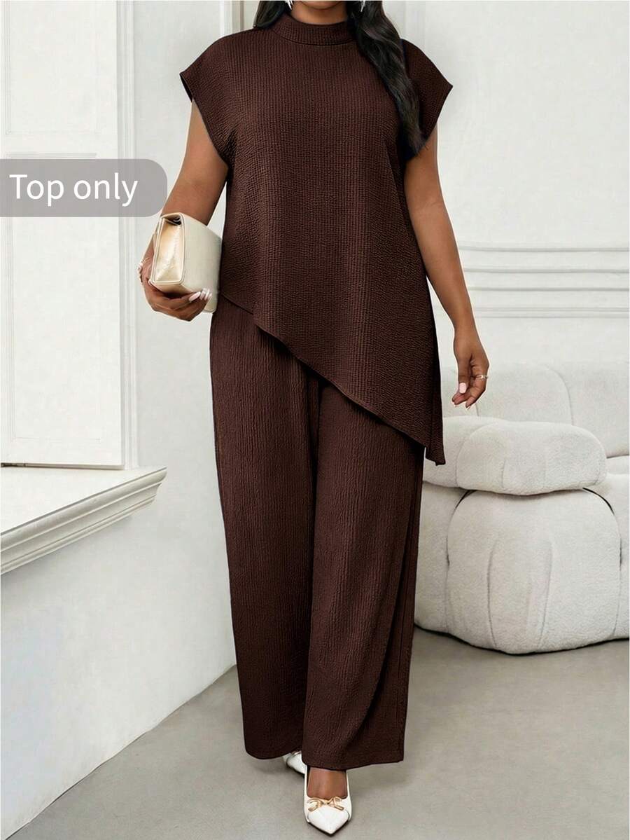 SHEIN Lady 大尺碼女款素色立領上衣與長褲休閒日常套裝 - 棕色 - 查看 1
