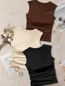SHEIN EZwear 3入組夾層方頸免胸罩修身女士背心 - 彩色 - 查看 2