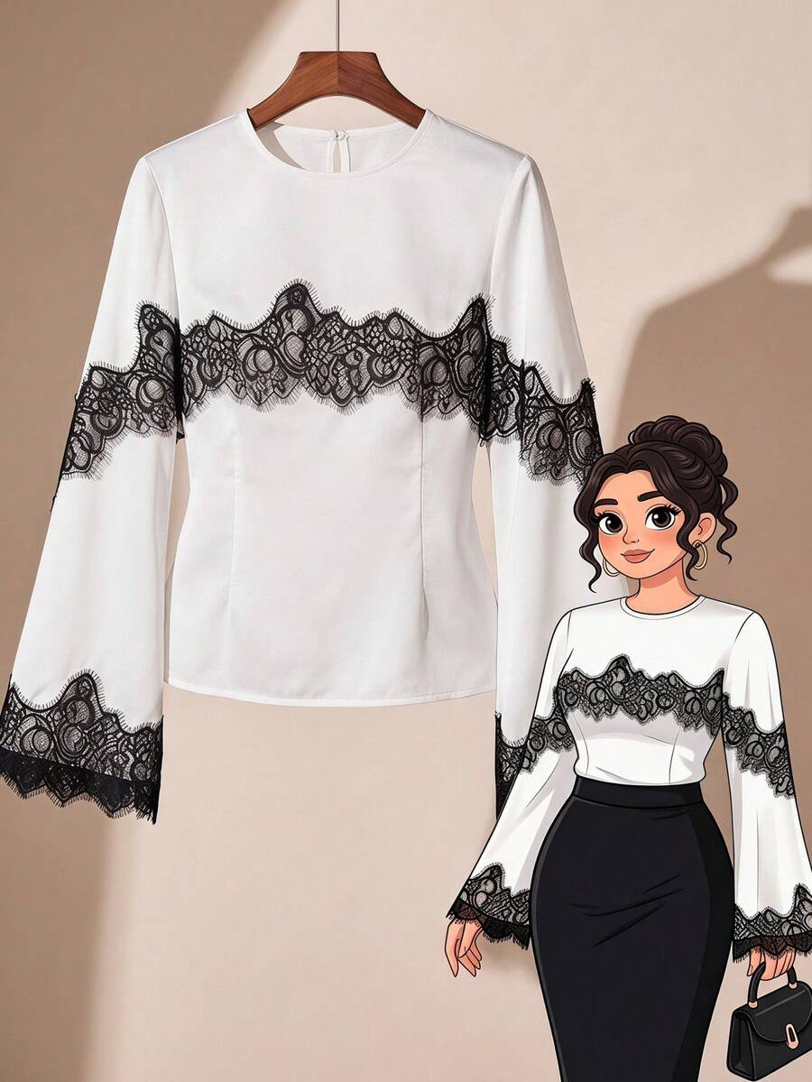 Modelyn 大尺碼女款蕾絲拼接休閒百搭日常穿著襯衫 - 白色 - 查看 1