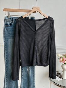 INAWLY Women's Solid Color Casual Versatile Daily Long Sleeve Top Office Charcoal Gray Autumn - Black - View 4