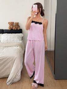 Napfluff Women's Striped Print Contrast Lace Camisole Top & Long Pants Pajama Set - Pink - View 3