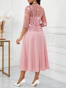 SHEIN Lady 女款粉色花卉亮片網紗3/4袖開襟外套吊帶洋裝優雅兩件套，適合婚禮新娘母親、派對、正式場合、教堂、夏季 - 粉色 - 查看 2