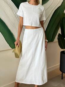 Brooke Lily Frühlings- und Sommer-Set aus weißem Crop Top und A-Linien Minirock, lässiger Urlaubsstrand-Stil, elegant für den Arbeitsweg, geeignet für Valentinstag, Hochzeits-Loungewear-Sets für Frauen - Weiss - Übersicht 3
