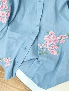 INAWLY 女款時尚休閒極簡浪漫度假風刺繡花卉長袖鈕扣襯衫 - 藍色 - 查看 4