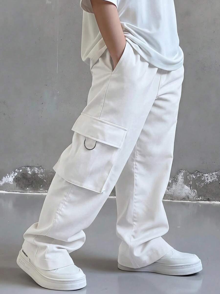 SHEIN 兒童青少年男孩休閒日常舒適直筒寬鬆長褲,黑色工裝褲,新款,適合外出、上學,春夏秋冬四季皆宜 - 白色 - 查看 1
