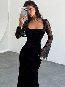 Firerie Gothic Style Sweetheart Neck Lace Flare Sleeve - Black - View 3