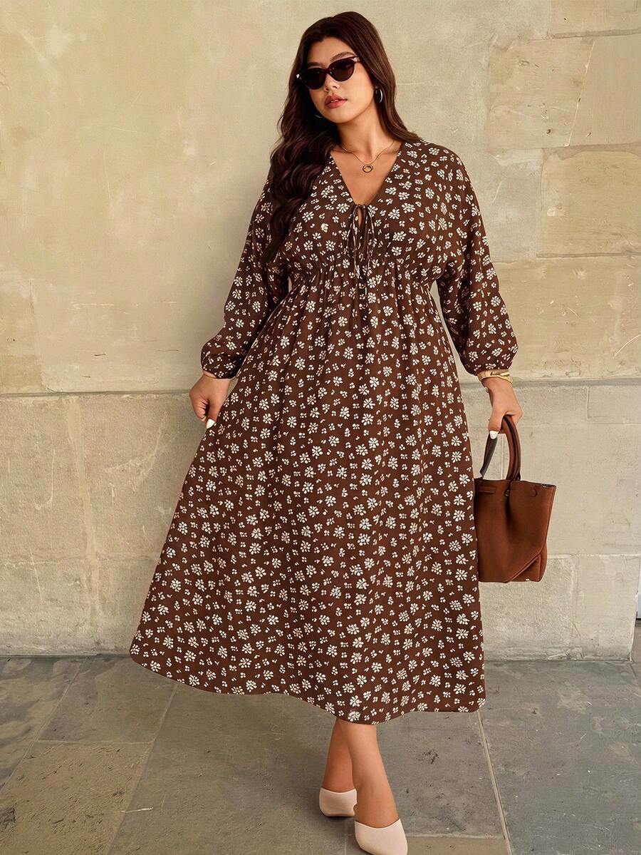 Elaquor Plus Size Women's Floral Print Tie Strap Elegant Vacation Dress Fall - Brown - View 1