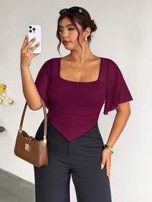 Firerie Plus Size Summer Elegant Solid Color Asymmetrical Hem T-Shirt - Burgundy - View 5