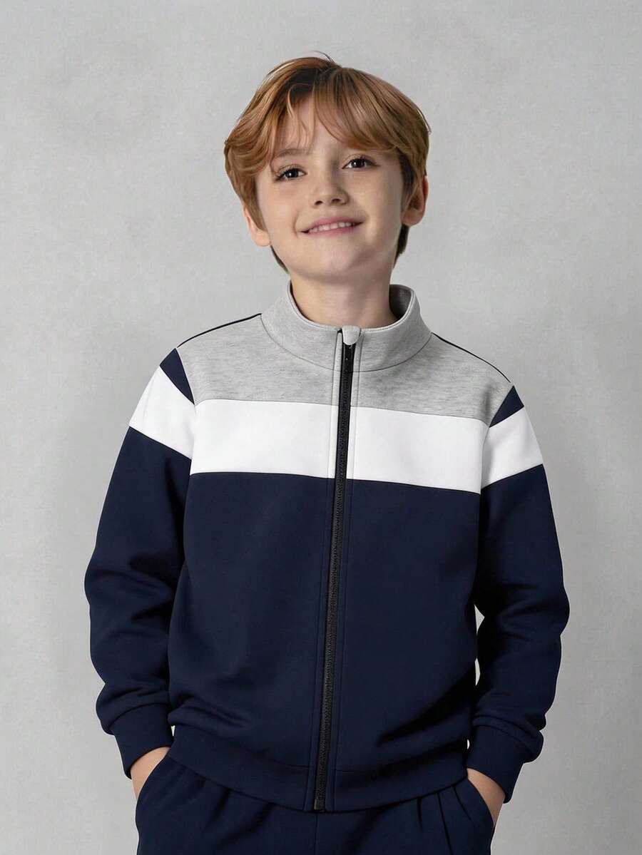 SHEIN 兒童青少年男孩休閒拼色保暖拉鍊立領運動衫，可單穿，適合秋冬返校季